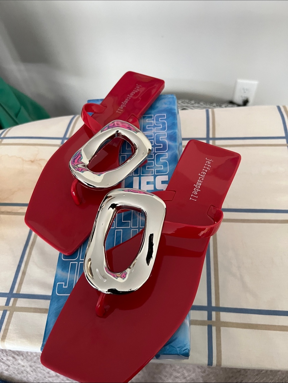 Jeffrey Campbell Red Patent Slide Sandals with Silver Accent - Picture 1 of 4